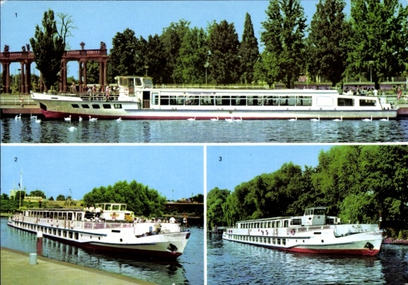 Postcard VEB Verkehrsbetriebe Potsdam, Weiße Flotte, MS Strandbad Ferch, MS Cecilienhof, MS Sanssouci