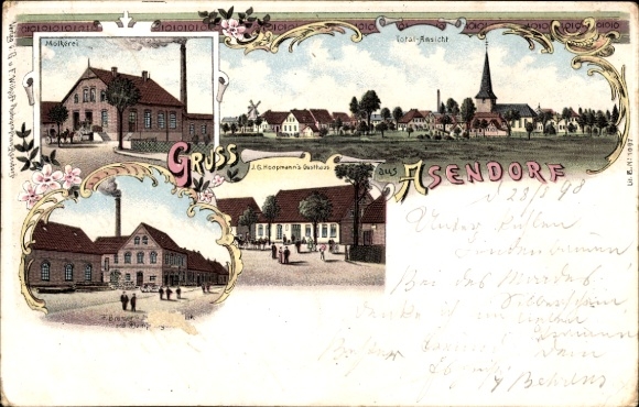 Chromo-Litho Asendorf Diepholz district, general view, dairy, factory, Knopmann inn