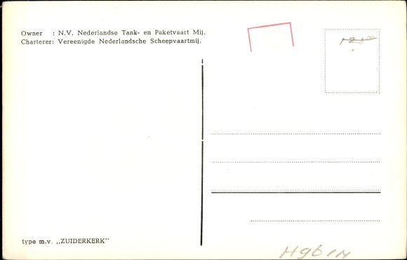Postcard Tanker MV Zuiderkerk, NV Nederlandse Tank- en Paketvaart Mij.