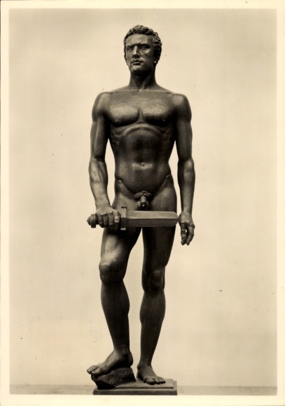 Postcard sculpture by Adolf Liebermann, Deutsche Wacht, HDK 464, male nude, sword