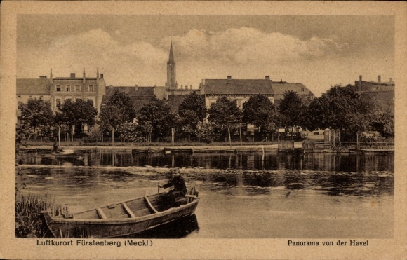 Postcard Fürstenberg an der Havel, panorama of the Havel, town, boat