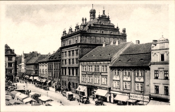 Ak Plzeň Pilsen Stadt, Rathaus, Markt, Stände, Geschäfte