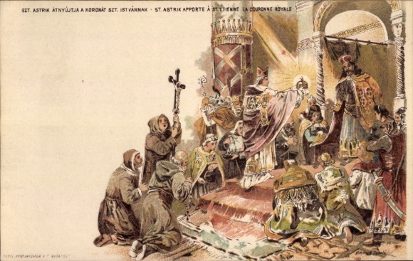 Postal stationery litho St. Astrik brings St. Stephen, royal crown
