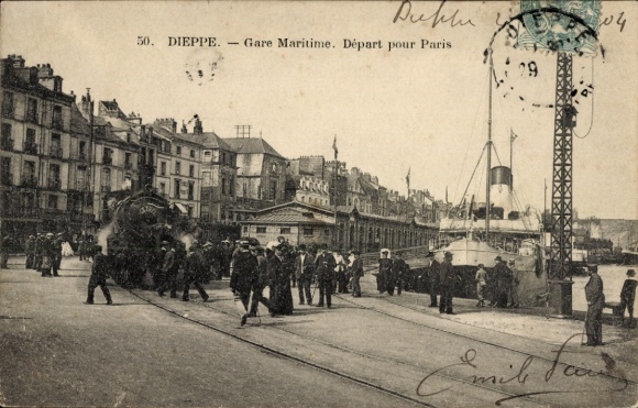 Ak Dieppe Seine Maritime, Gare Maritime, Dampflok, Passagiere, Hafen, Abfahrt nach Paris