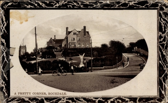 Postcard Rochdale North West England, house with garden, cyclist, road, church in the background,