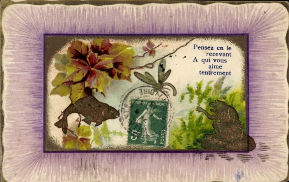 Embossed Passepartout Postcard Kitsch, frog, dragonfly, frog, leaves