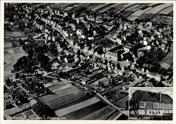 Postcard Hermsdorf in Thuringia, aerial photograph, Gasth. zur Linde
