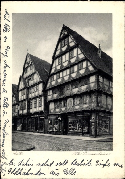 Postcard Celle in Lower Saxony, historic half-timbered houses, from black and white