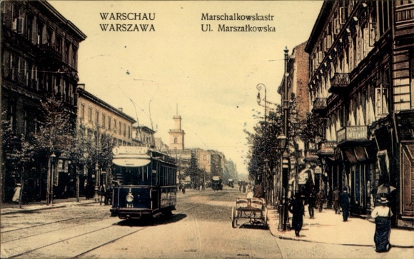 Postcard Warsaw Poland, Marschalkowskastraße, tram 3