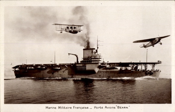 Postcard French warship, Bearn, Cuirasse, Porte Avions, aircraft