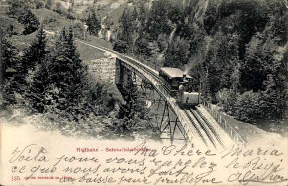 Ak Luzern, Rigibahn, Blick auf die Schnurtobelbrücke, Lok mit Waggon