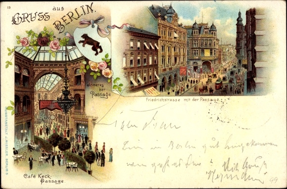 Chromo-Litho Berlin, Café Keck Passage, Friedrichstrasse with passage, coat of arms