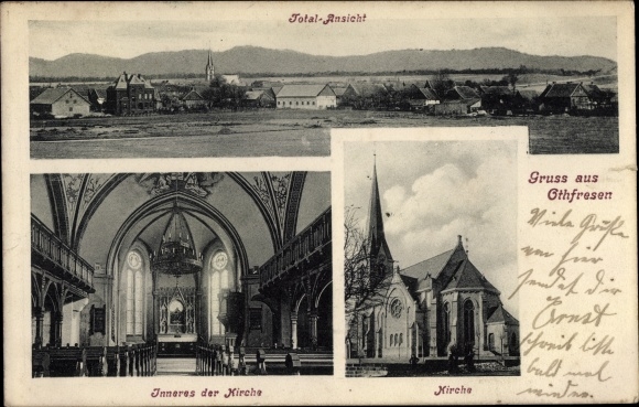 Postcard Othfresen Liebenburg Harz, total view, church, inside and outside