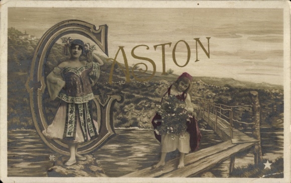 Letters Postcard First name Gaston, woman and child in traditional costumes