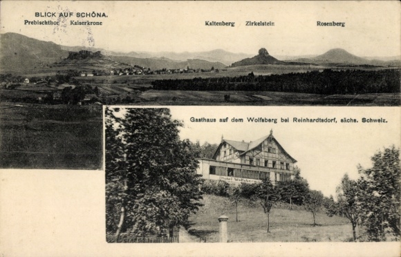 Postcard Reinhardsdorf Schöna in Saxony, Wolfsberg, inn, panorama with the Schrammsteine