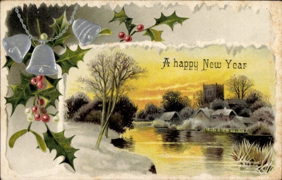Geëmbosseerde ansichtkaart met kerstgroeten, rivier, hulst, klokken