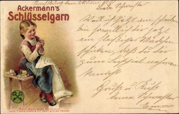 Chromo-Litho Girl sewing, Ackermann&#39;s key yarn