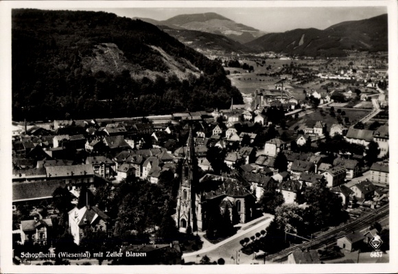 Postcard Schopfheim in Baden, aerial photograph, city view, Zeller Blauen in the background, black and white