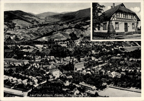 Postcard Lauf in Baden Black Forest, aerial view, Gasthaus z. Traube, picturesque mountains, quiet stay