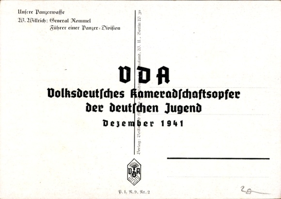 Artist Postcard Willrich, Wolfgang, Major General Rommel, Knight's Cross recipient, Panzer Division, VDA