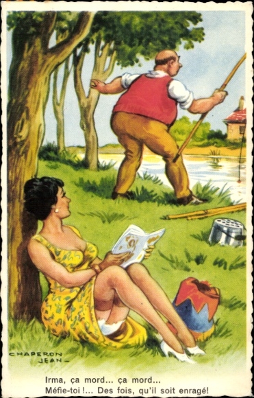 Artist Postcard Chaperon, Jean, man fishing, busty woman, stockings