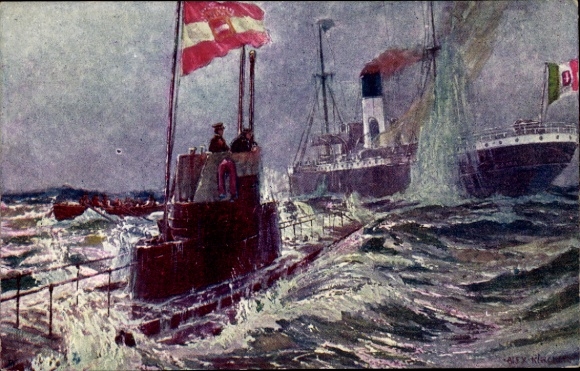 Künstler Ak Kircher, Alex, Österreichisches U Boot, U 5, italienischer Dampfer