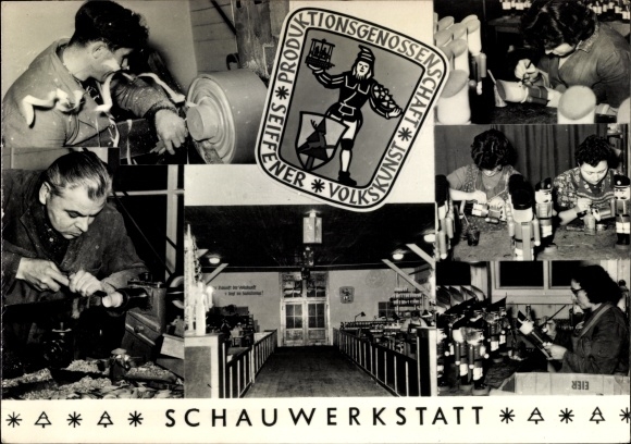 Postcard Seiffen in the Ore Mountains, production cooperative PGH Seiffen folk art, demonstration workshop, coat of arms