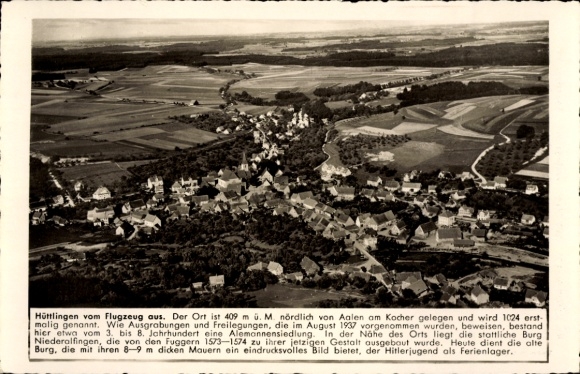 Postcard Hüttlingen in Württemberg, aerial view of Niederalfingen Castle, settlement