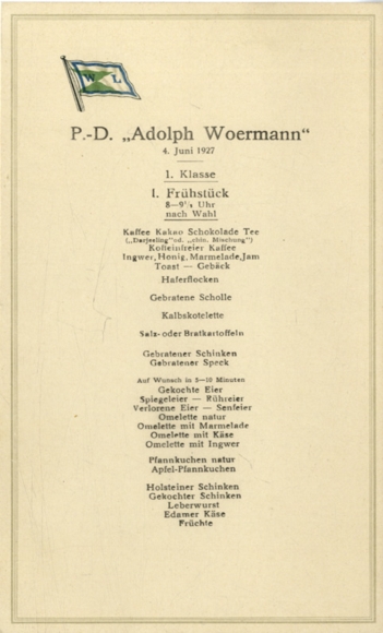 Menu card steamer Adolph Woehrmann, June 4, 1920, breakfast