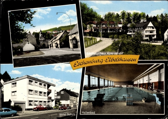 Postcard Eibelshausen Eschenburg in Hesse, Hotel Schulz, indoor pool, convalescent home Kunz-Jacobi