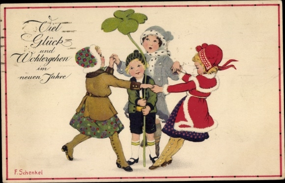 Artist PC Schenkel, Franziska, congratulations New Year, children with cloverleaf