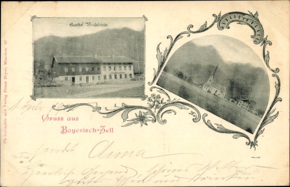 Postcard Bayrischzell in the Mangfall mountains of Upper Bavaria, Gasthof Wendelstein, church