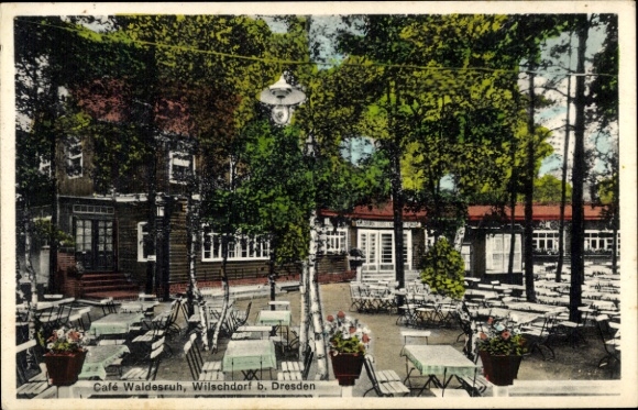 Postcard Dresden Nord Wilschdorf, Cafe Waldesruh, owner Max Schmiedgen, terrace
