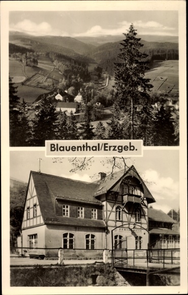 Postcard Blauenthal Eibenstock in the Ore Mountains, valley view, train station