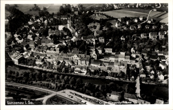 Postcard Lunzenau in Saxony, aerial view of cityscape, river, buildings