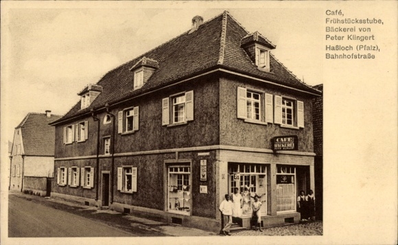 Ak Haßloch in Saarpfalz, café, bakkerij, Bahnhofstrasse