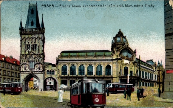 Postcard Praha Prague, Powder Tower, House of the Royal Capital, Trams