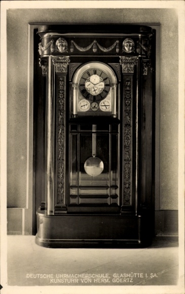 Postcard Glashütte in Saxony, art clock by Hermann Goertz