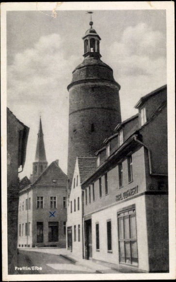 Postcard town of Prettin Annaburg in the Wittenberg district, old tower, shop