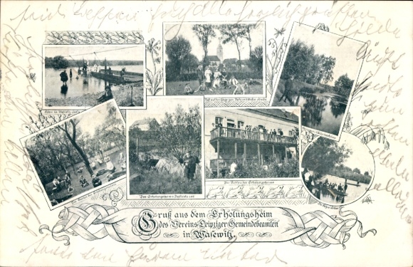 Ak Wasewitz Thallwitz, rusthuis van de Leipzigse gemeenteambtenarenvereniging, veerboot, tuin, bezoekers