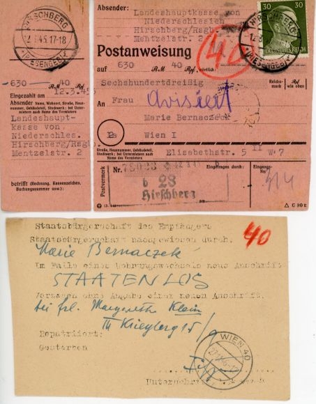 Postal order No. 794 "Hirschberg (Riesengeb.) 12.3.45" with certificate of origin