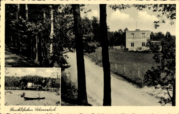 Postcard Schwarzbach in Thuringia, Leeschlösschen Schwarzbach, excursion destination, summer resort, landscape,