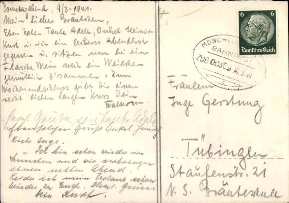 Postcard railway postmark Munich train 369