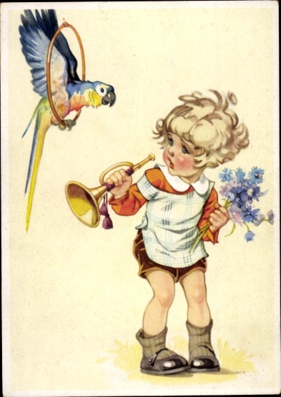 Artist PC Lungershausen, Ilse Wende, child with trumpet, parrot
