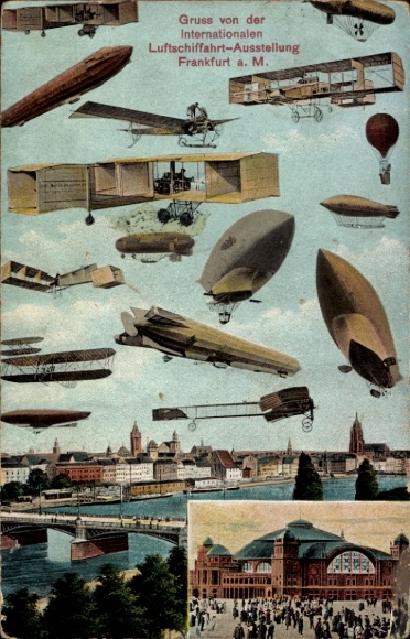 Postcard Frankfurt am Main, International Airship Exhibition, Aircraft, Zeppelins, Festhalle
