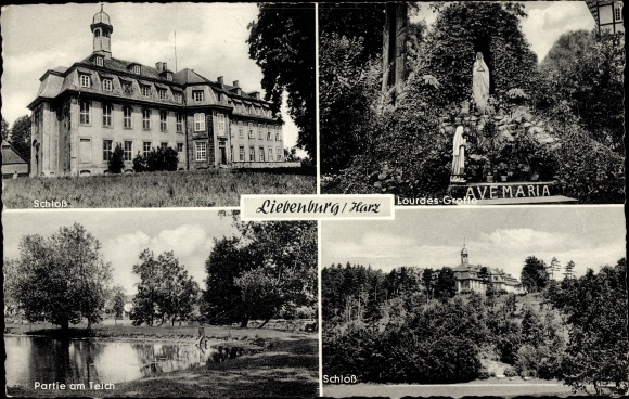 Postcard Liebenburg am Harz, Lourdes grotto, castle, pond