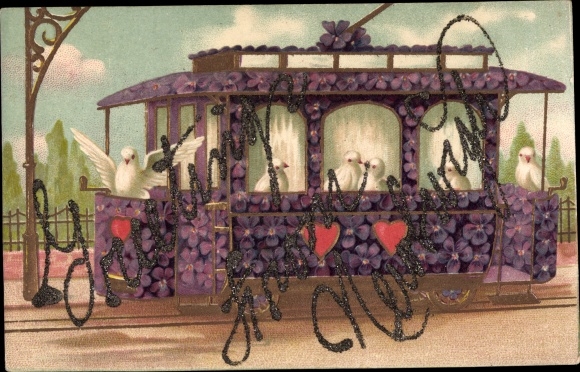 PC Newburgh New York USA, Glitter Greetings, tram with forget-me-nots, hearts, doves