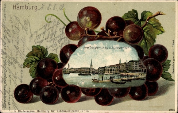 Präge Weinblatt Litho Hamburg Mitte Altstadt, Alter Jungfernstieg mit Alsterpavillon, Weintraube