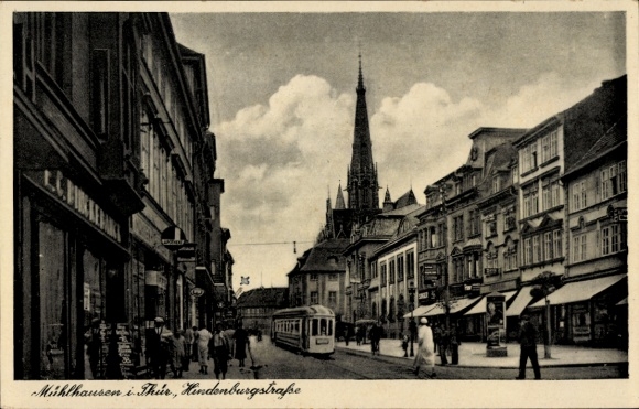 Postcard Mühlhausen in Thuringia, Hindenburgstraße, Tram