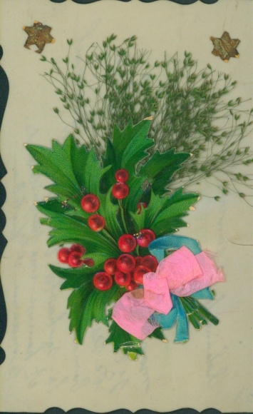 Celluloid Postcard Kitsch, Holly, Fabric Bow, Real Plant